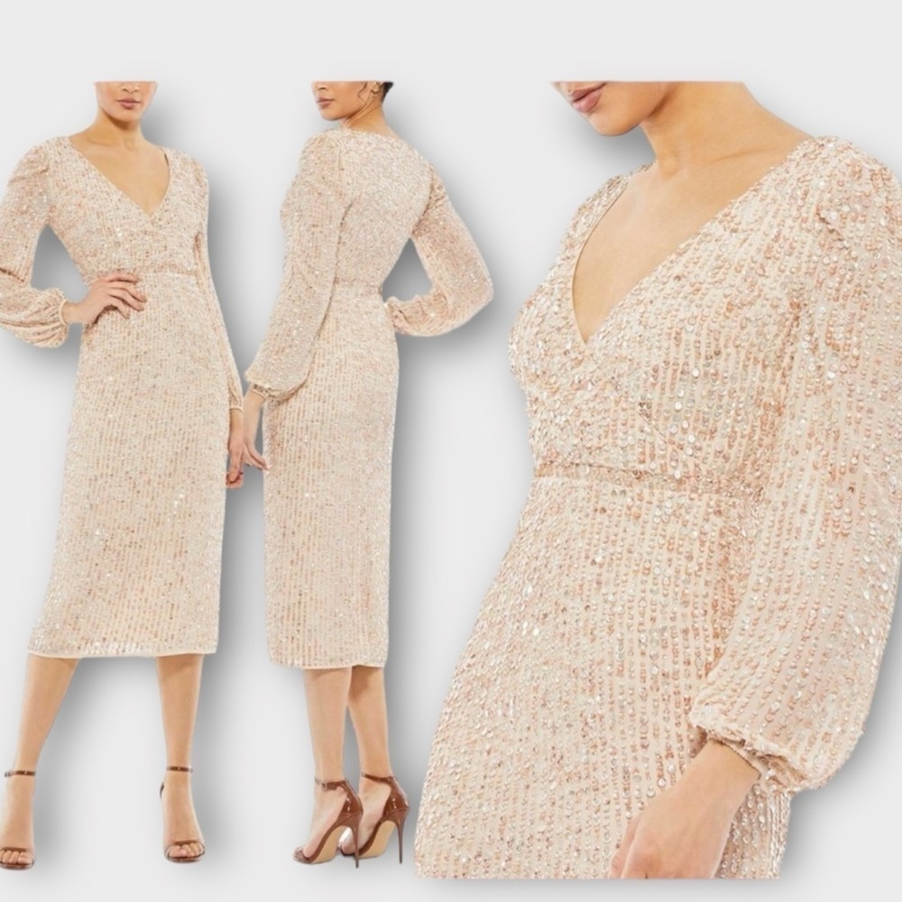 Mac Duggal Sequin Embellished Cream Midi Dress